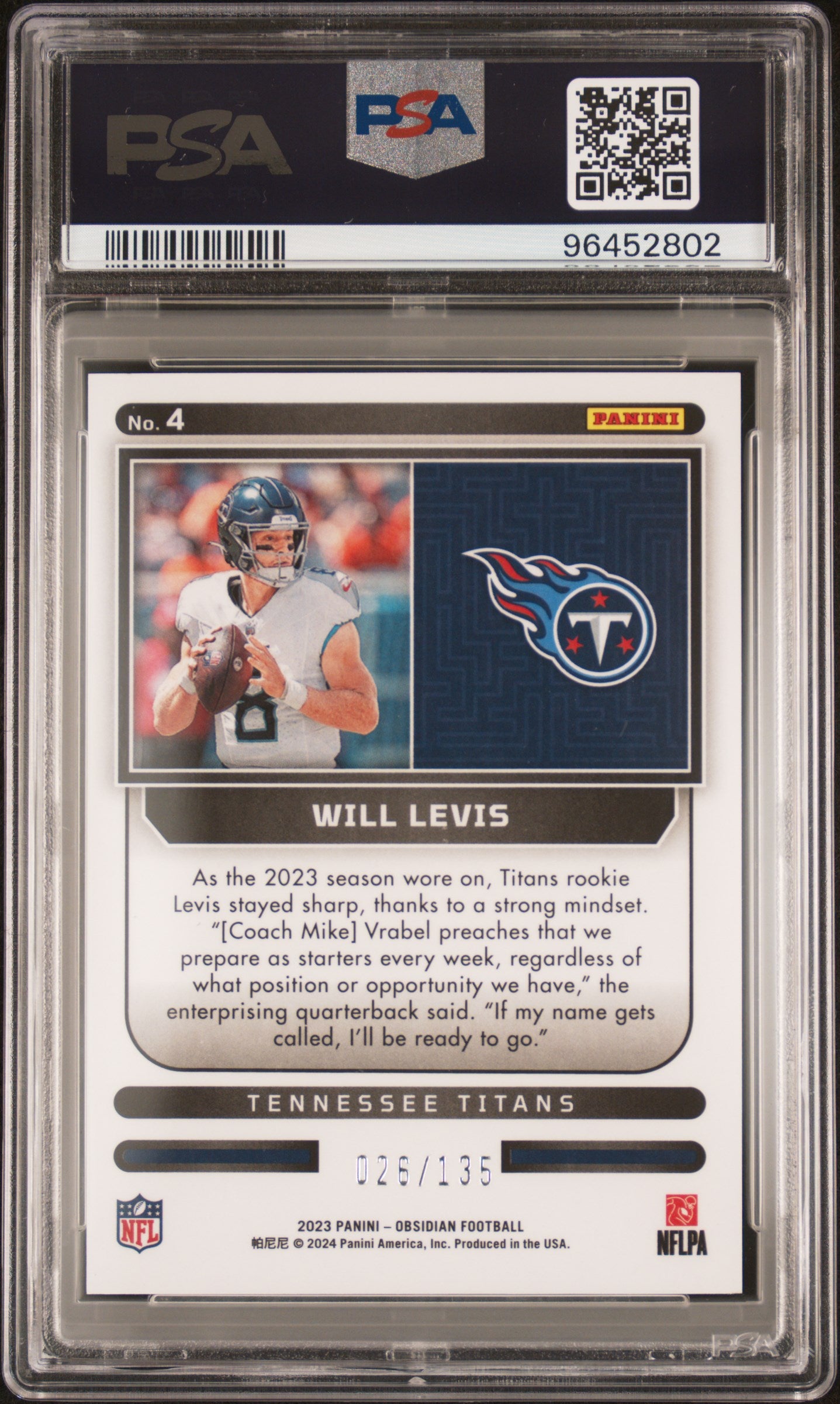 2023 Panini Obsidian Supernova Will Levis Rookie RC /135 #4 PSA 10