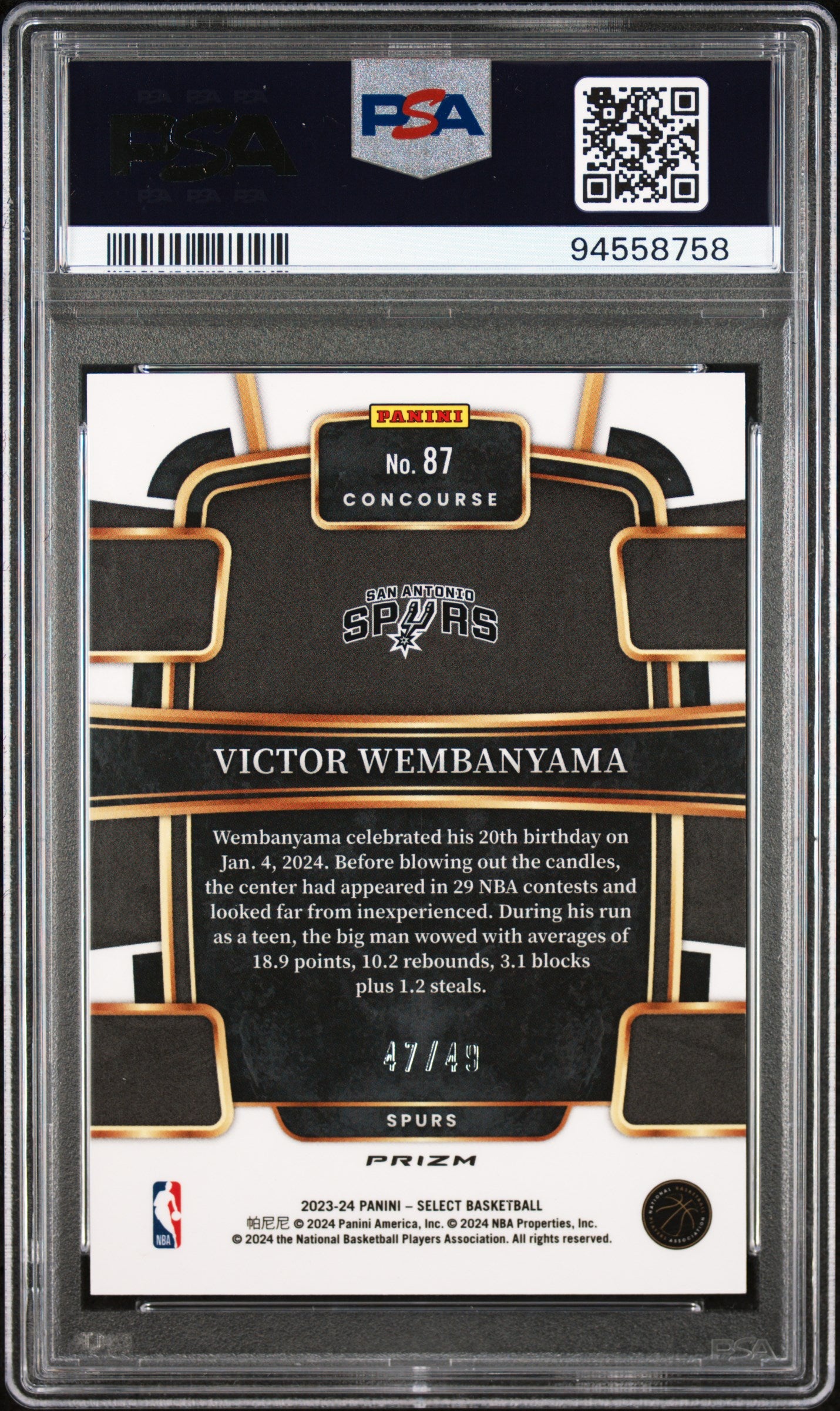 2023 Panini Select Victor Wembanyama Teal White Pink Prizm /49 #87 PSA 10