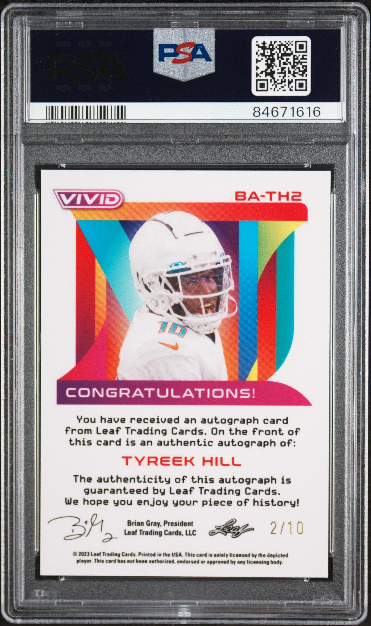 2023 Leaf Vivid Tyreek Hill Yellow Crystal Autograph 02/10 #BATH2 PSA 10