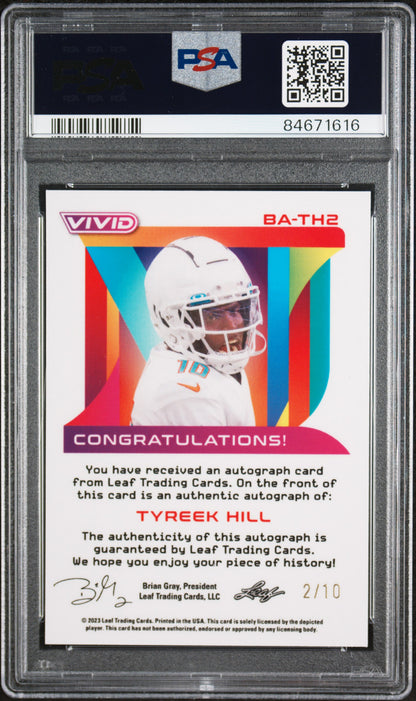 2023 Leaf Vivid Tyreek Hill Yellow Crystal Autograph 02/10 #BATH2 PSA 10
