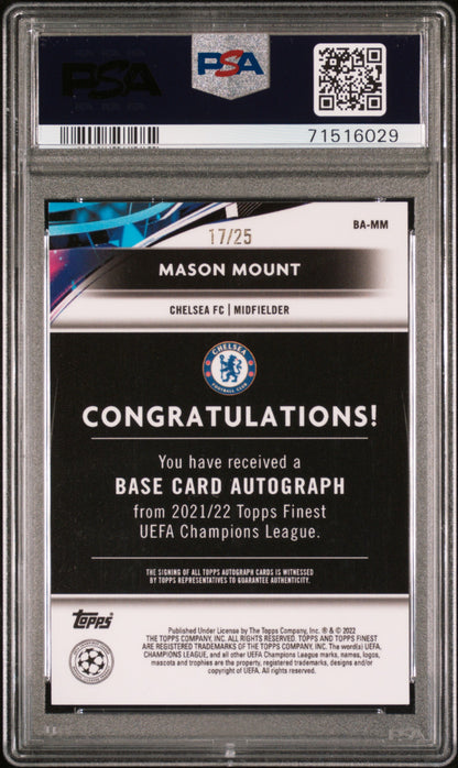 2021-2022 Topps Finest Mason Mount Auto Orange Wave /25 #BAMM PSA 9 Auto 10