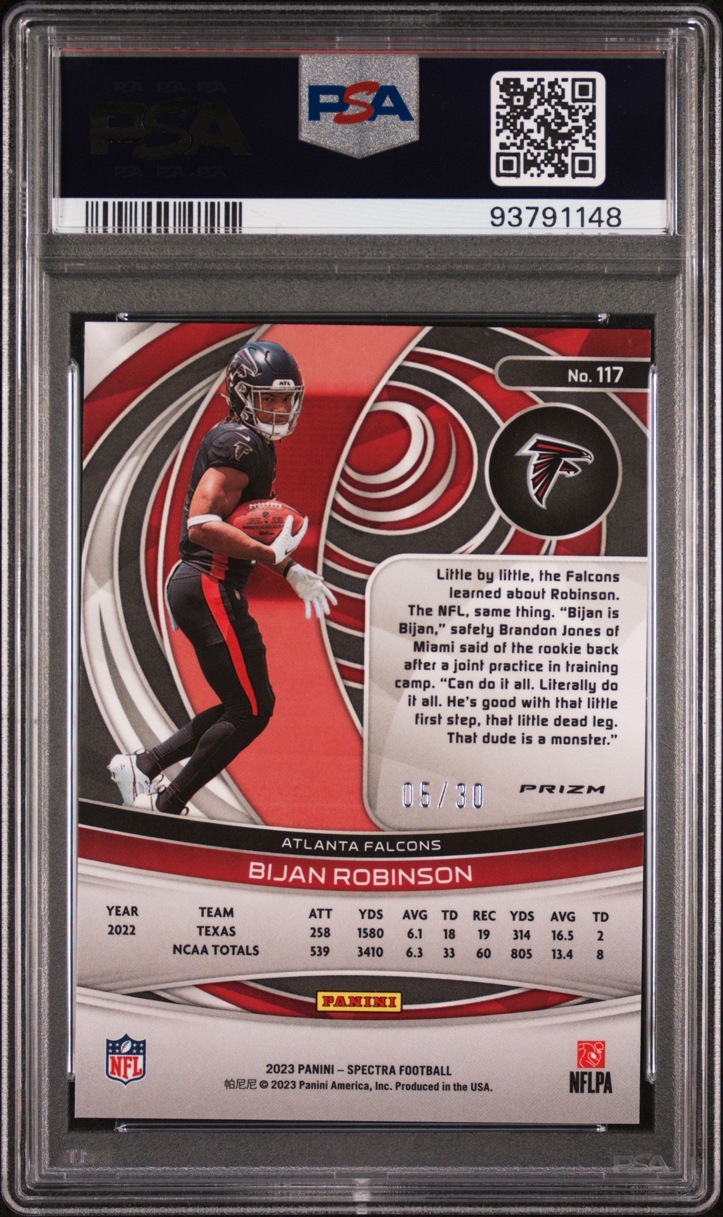 2023 Panini Spectra Bijan Robinson Spectris Rookie RC /30 #117 PSA 10