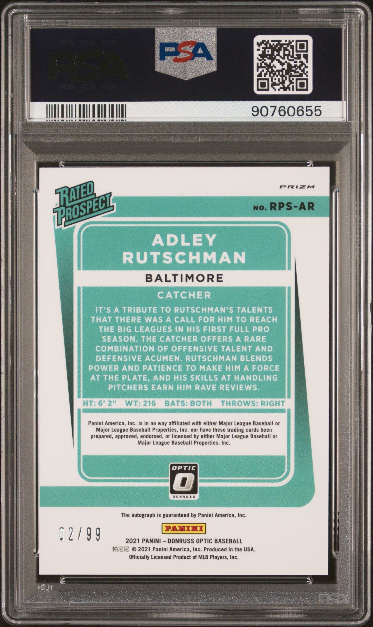 2021 Donruss Optic Rated Prospect Auto Adley Rutschman /99 Red Mojo RPSAR PSA 10