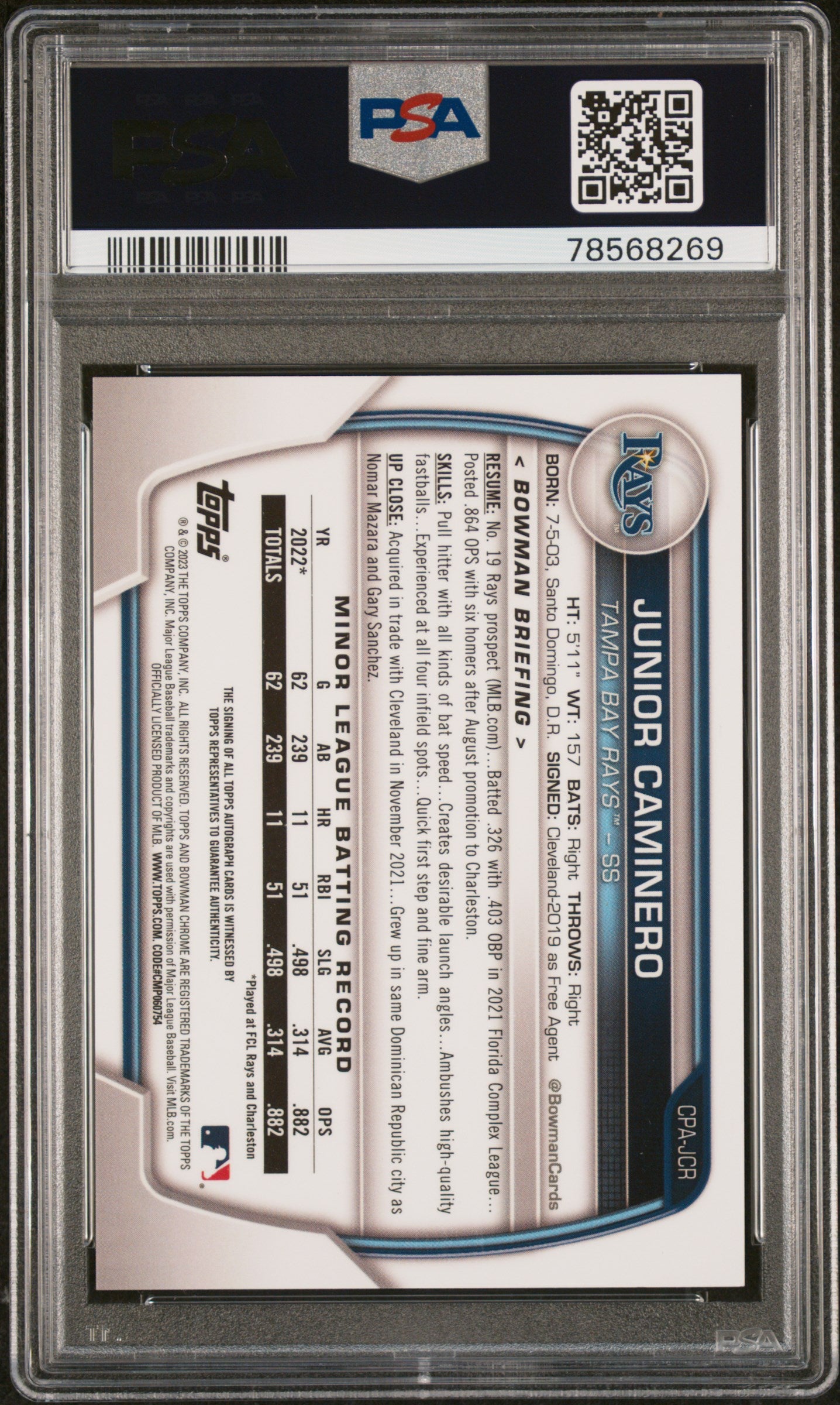 2023 Bowman Chrome Junior Caminero Auto Green Grass /99 #CPAJCR PSA 10