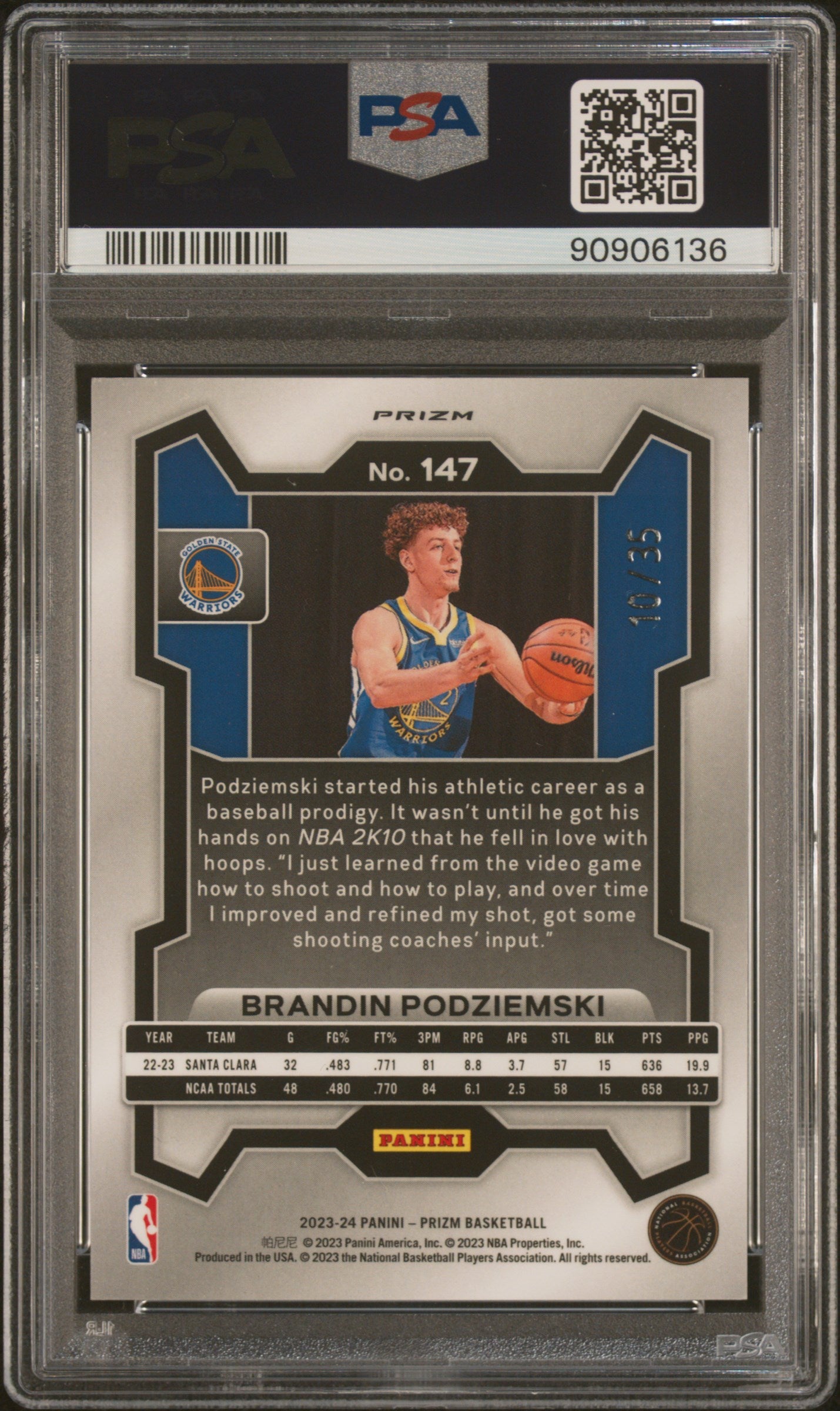 2023 Panini Prizm Brandin Podziemski Blue Shimmer FOTL 10/35 #147 PSA 9