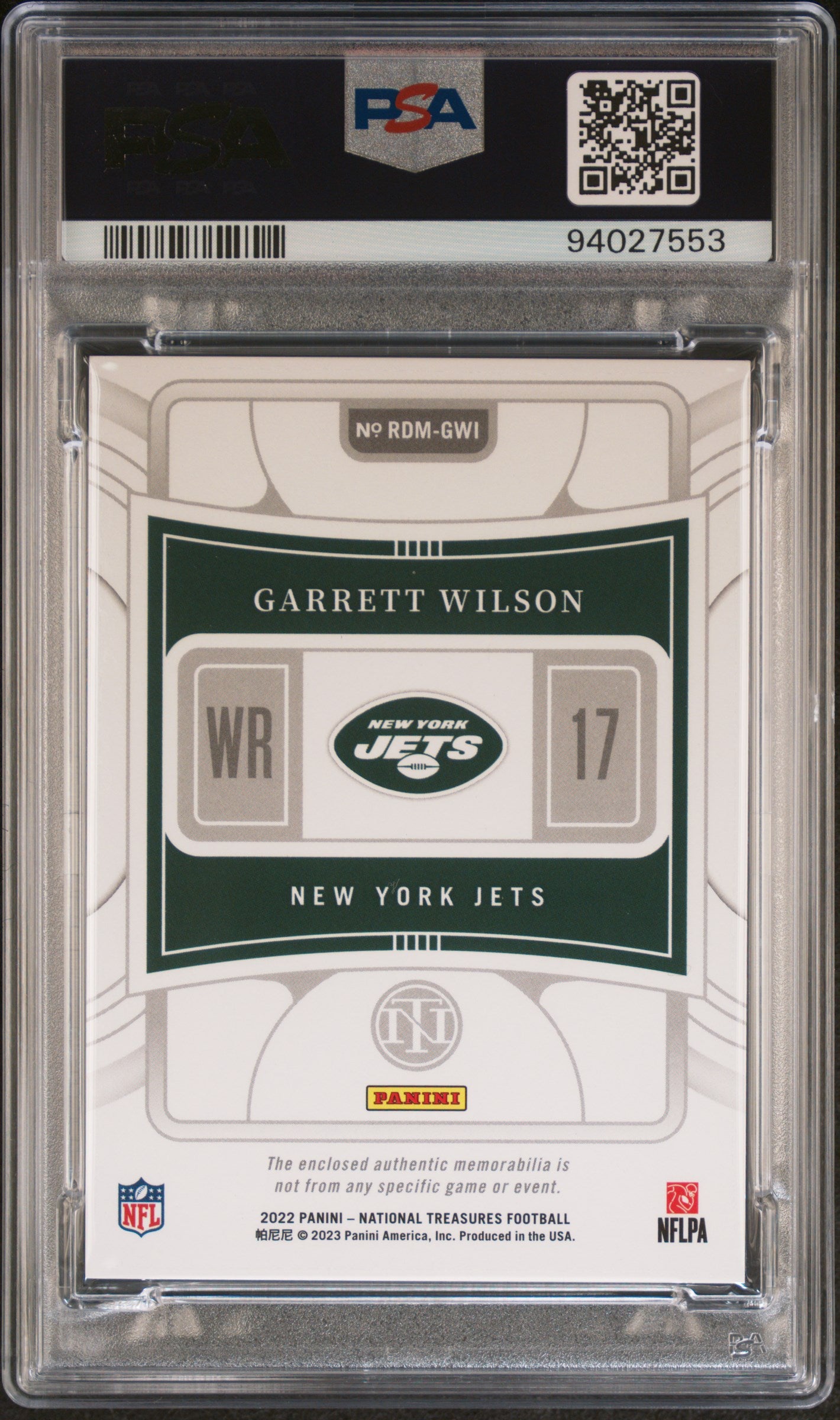 2022 National Treasures Garrett Wilson Rookie Dual Patch Purple 11/49 #GWI PSA 8