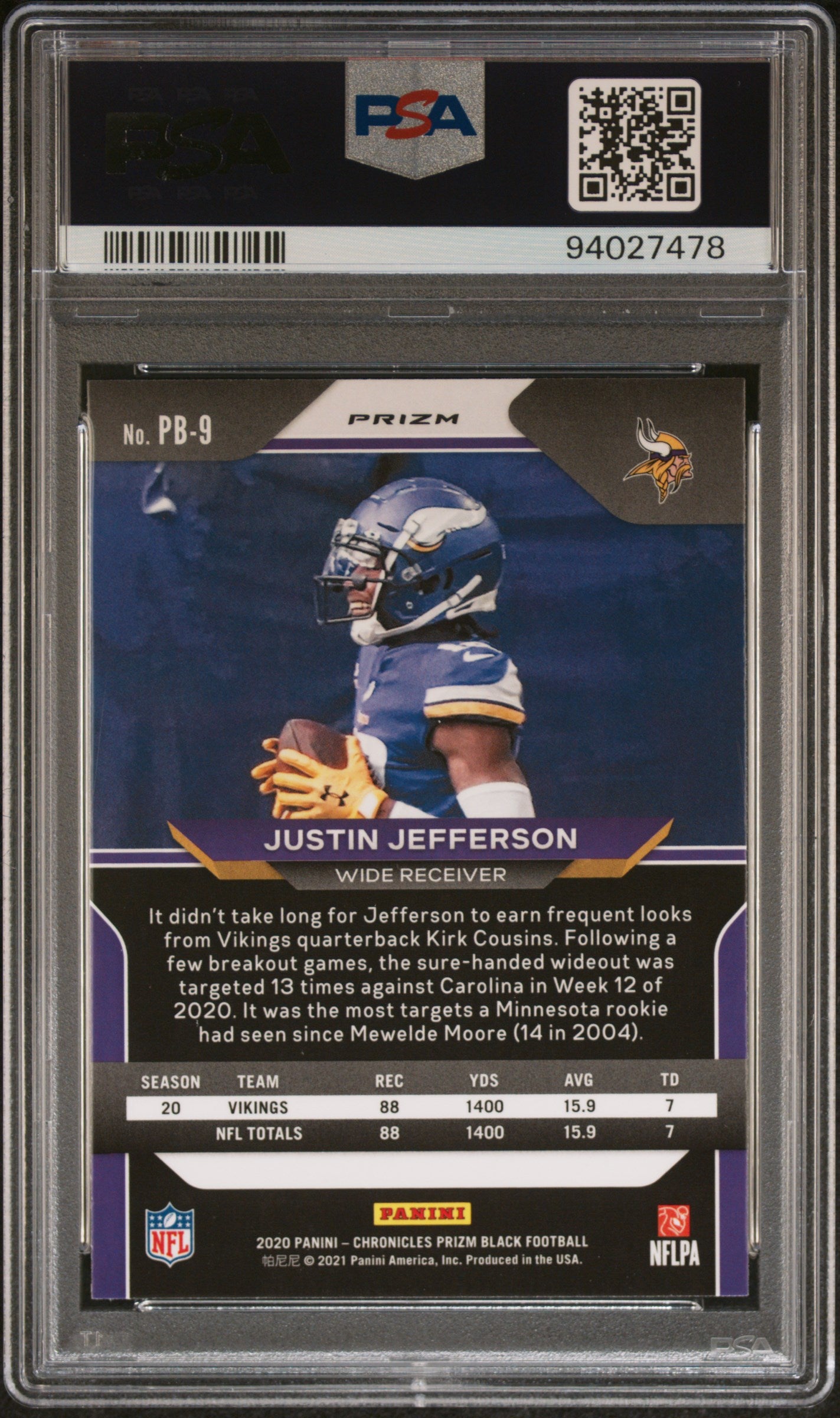 2020 Chronicles Justin Jefferson Prizm Black Silver Rookie RC #PB9 PSA 10