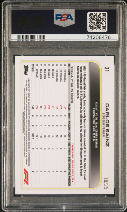 2022 Topps Chrome Formula 1 Carlos Sainz Orange Refractor /25 #31 PSA 10