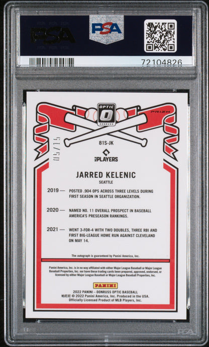 2022 Panini Donruss Optic Jarred Kelenic Red Mojo Auto /15 #81SJK PSA 10