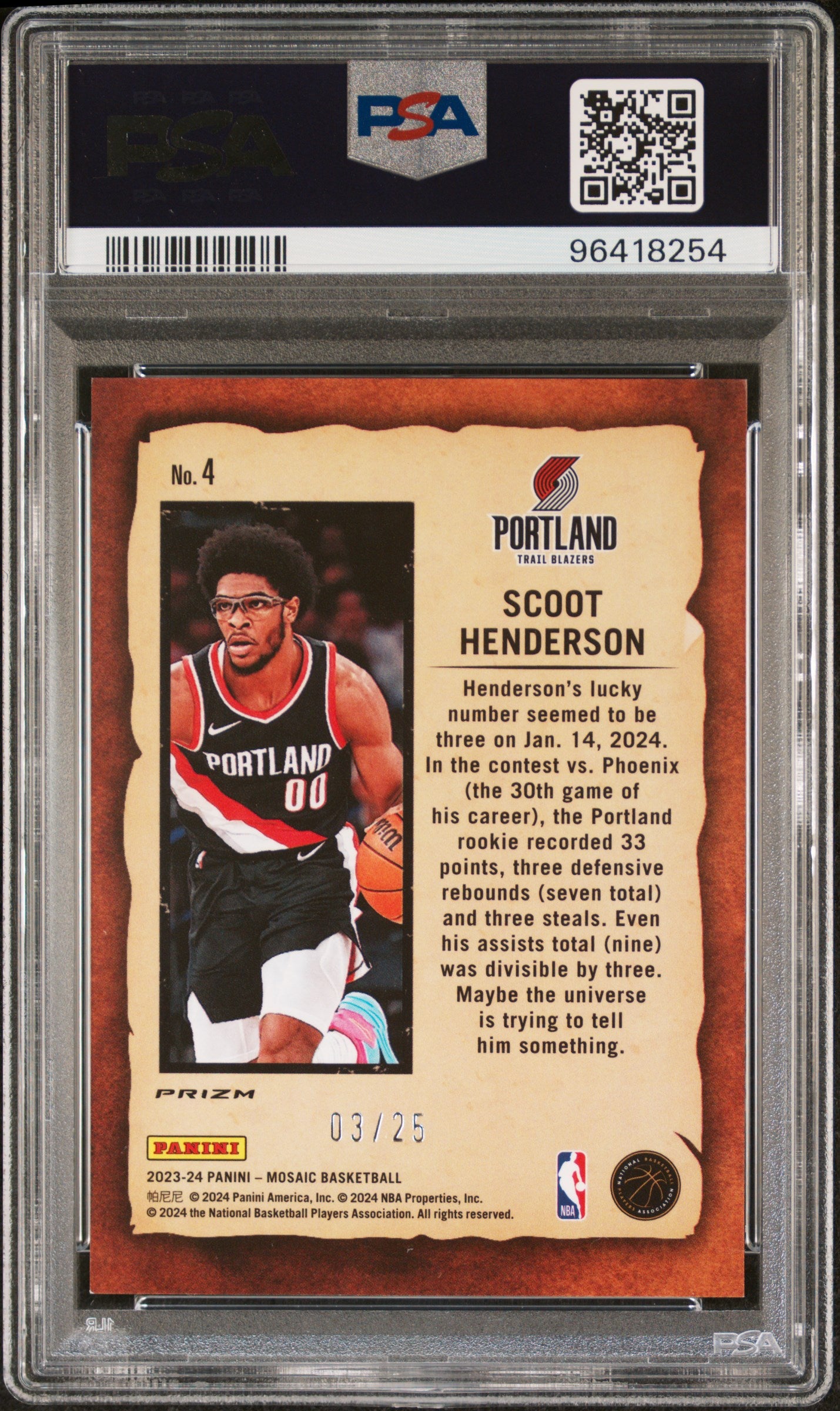 2023 Panini Mosaic Scoot Henderson Rookie RC Notoriety White /25 #4 PSA 9