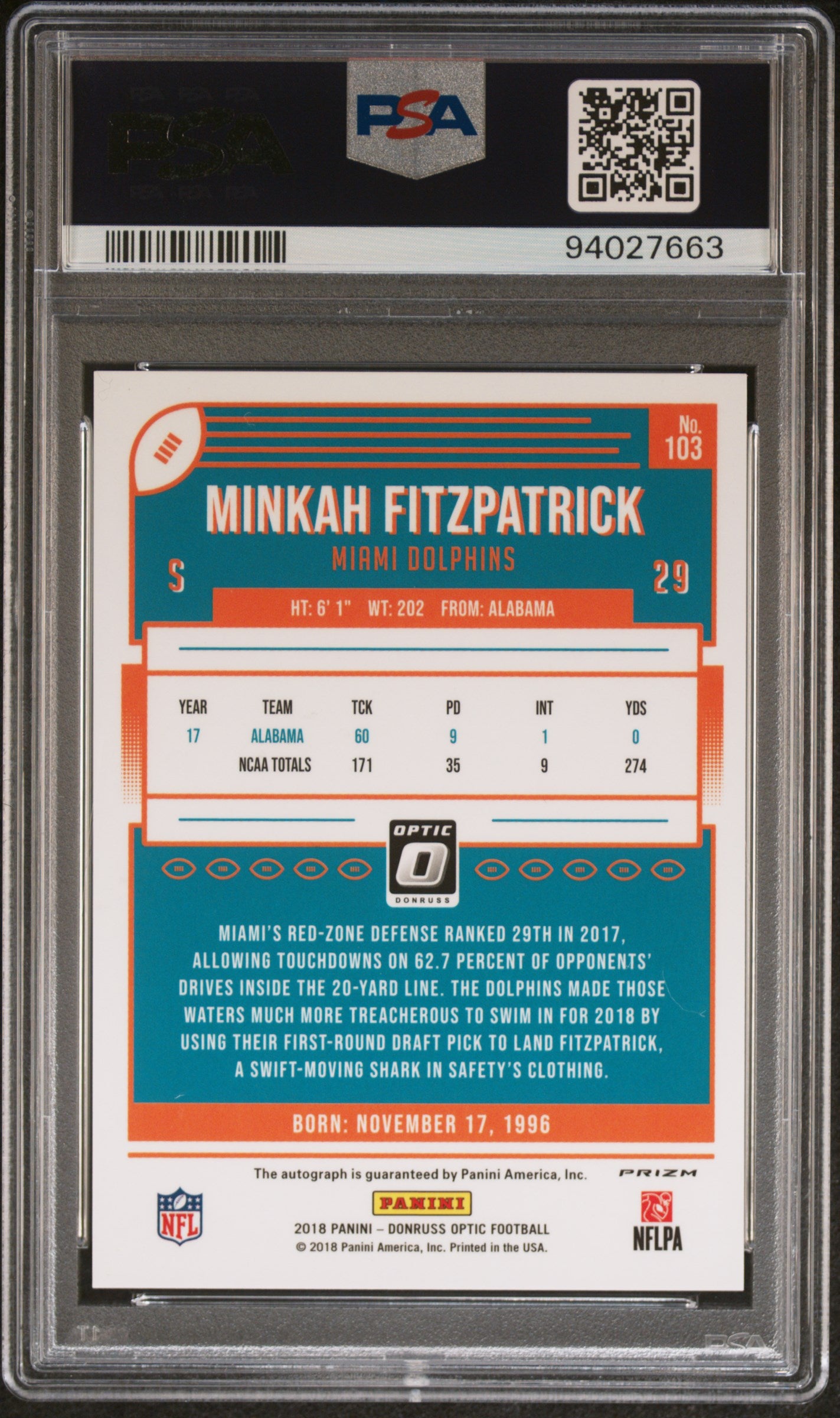 2018 Panini Donruss Optic Minkah Fitzpatrick Autograph Bronze #103 PSA 10