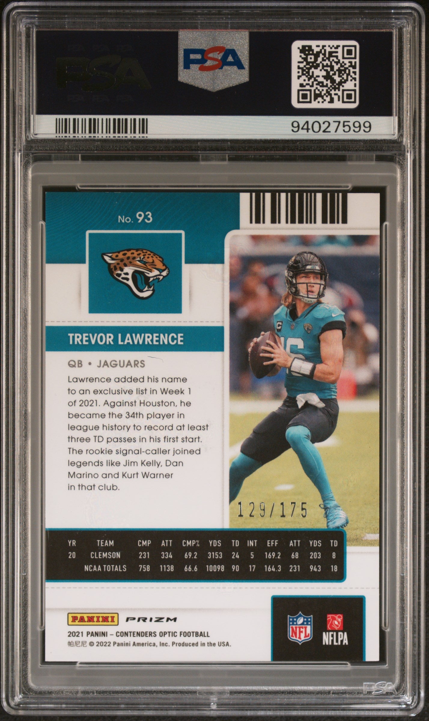 2021 Panini Contenders Optic Trevor Lawrence Red 129/175 #93 PSA 9