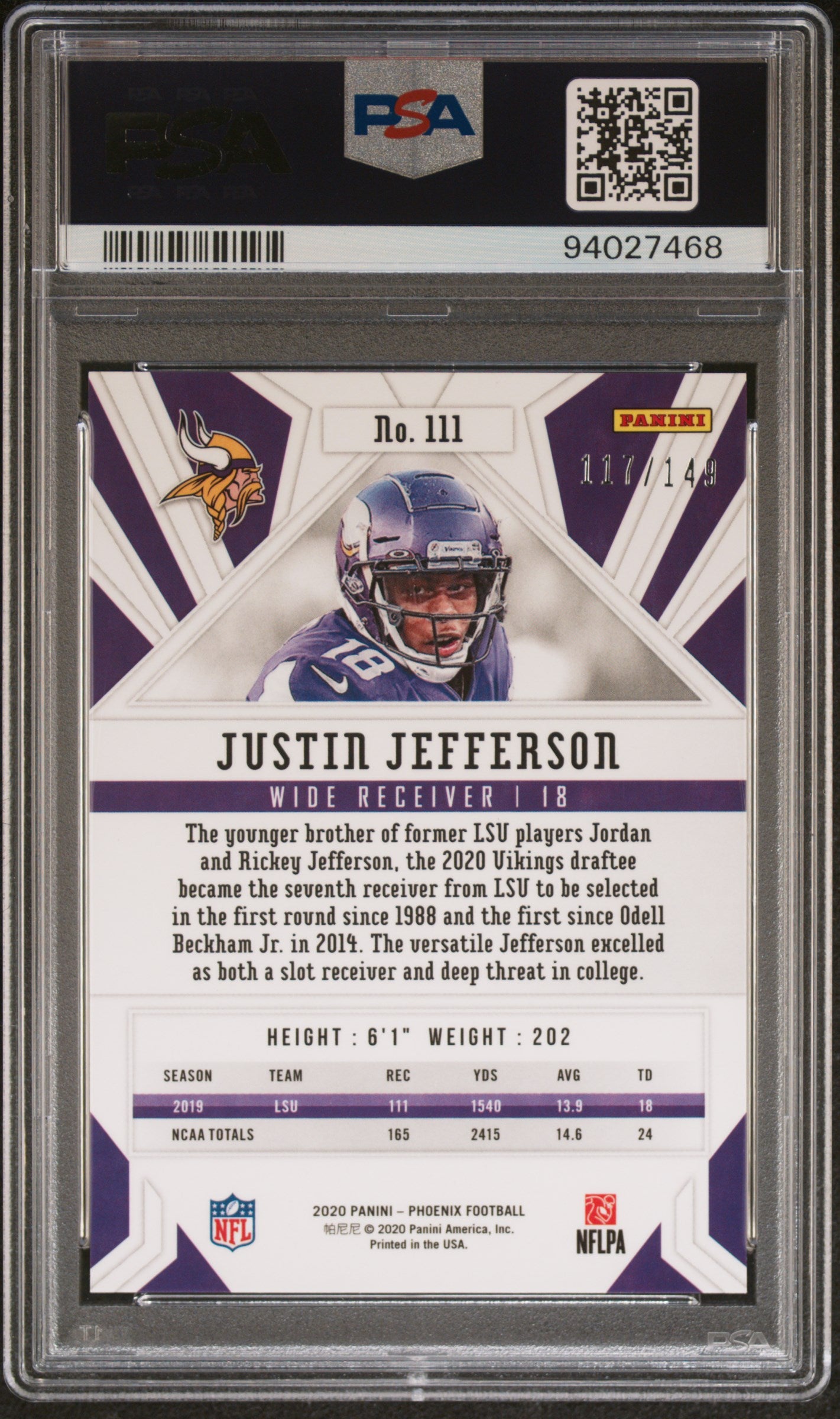 2020 Panini Phoenix Justin Jefferson Rookie RC Purple 117/149 #111 PSA 10