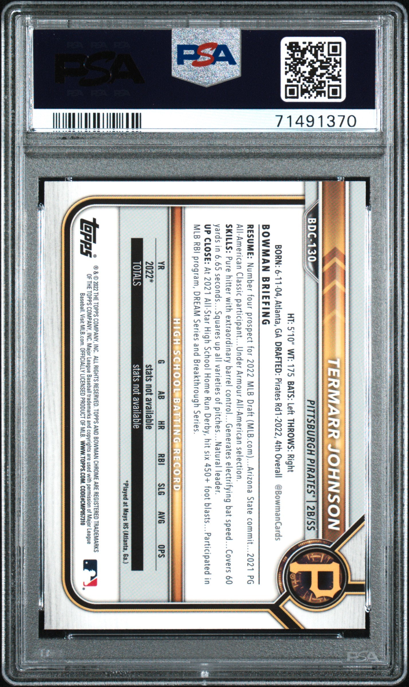 2022 Bowman Draft Termarr Johnson Chrome Sparkle Refractor #BDC130 PSA 9