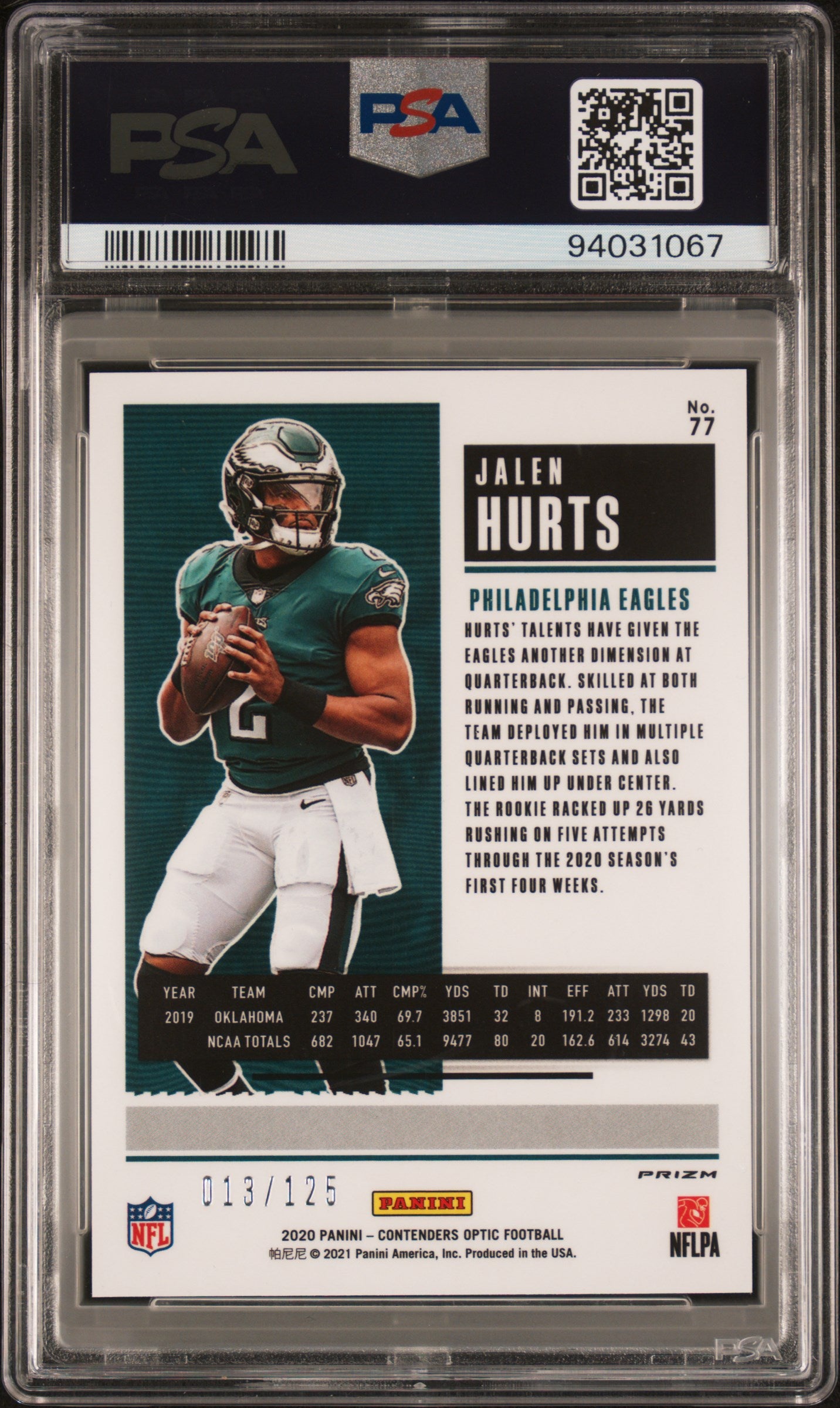 2020 Panini Contenders Optic Jalen Hurts Rookie Red 068/125 #77 PSA 9