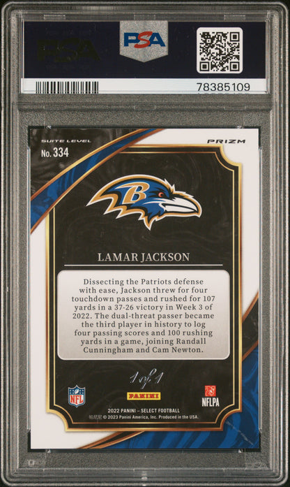 2022 Panini Select Lamar Jackson Suite Black Disco Prizm 1/1 #334 PSA 9