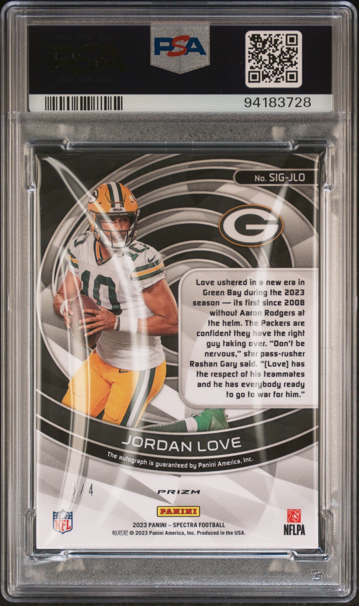 2023 Spectra Signatures Auto Jordan Love Signature Neon Marble /4 SIGJLO PSA 9