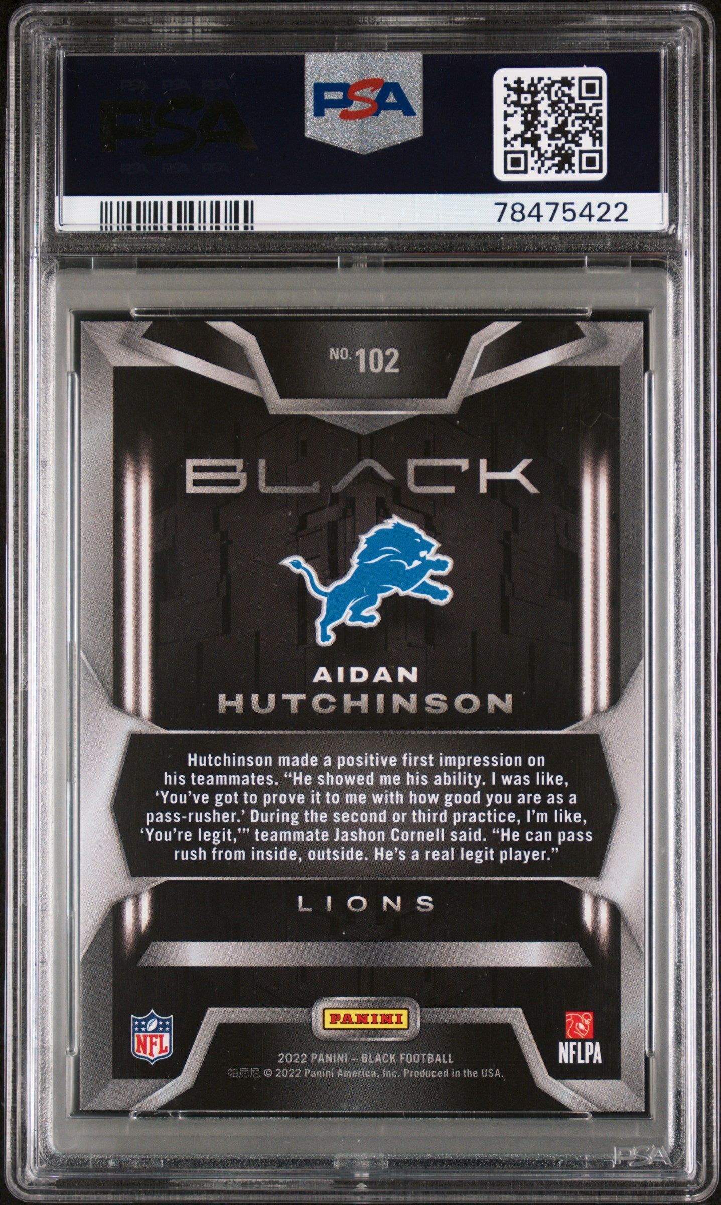 2022 Panini Black Aidan Hutchinson Silver Rookie RC /75 #102 PSA 9