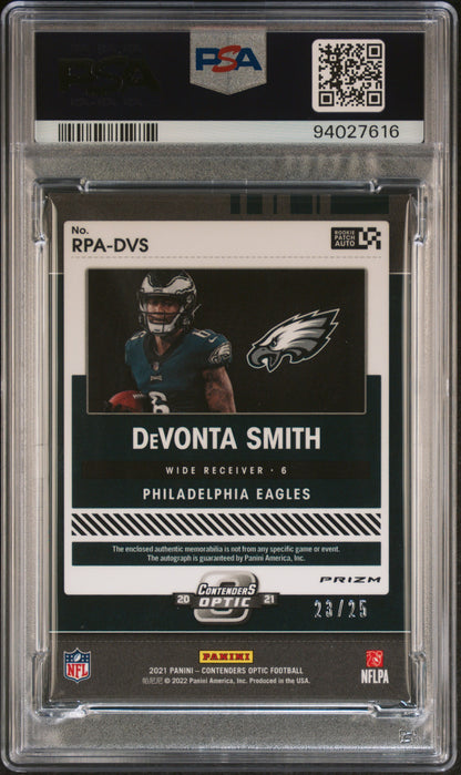 2021 Contenders Optic Devonta Smith Rookie Patch Auto Blue 23/25 #RPADVS PSA 8