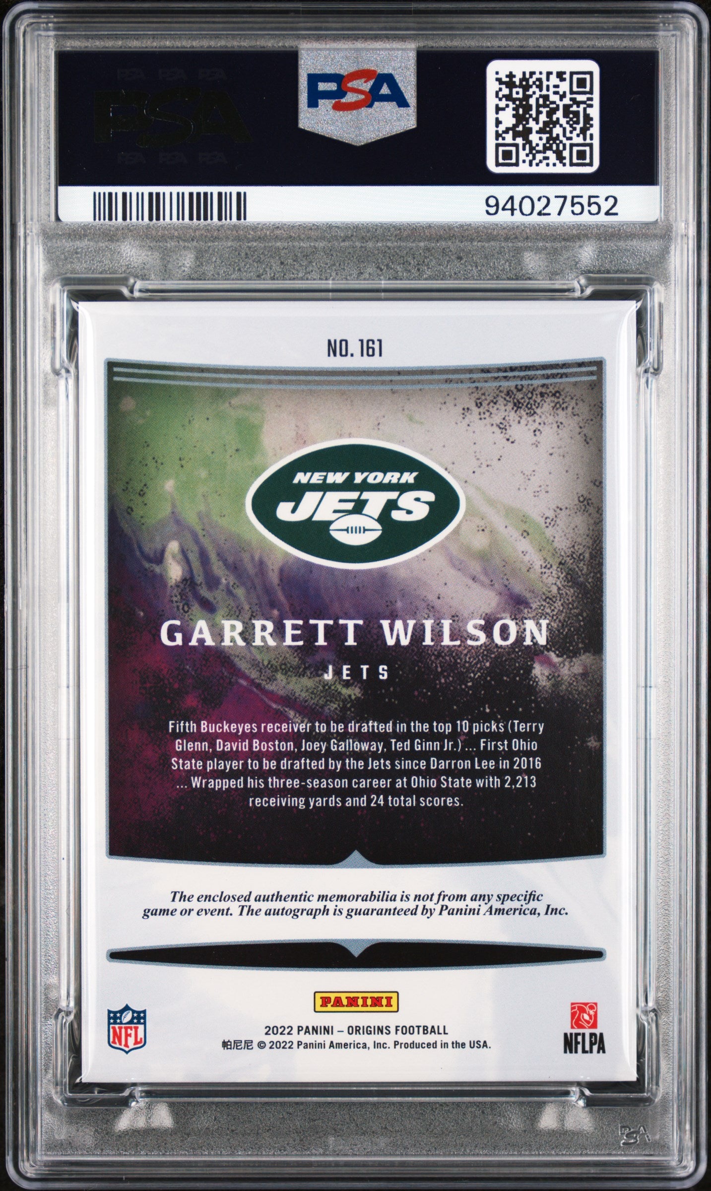 2022 Panini Origins Garrett Wilson Rookie Patch Autograph #161 PSA 9