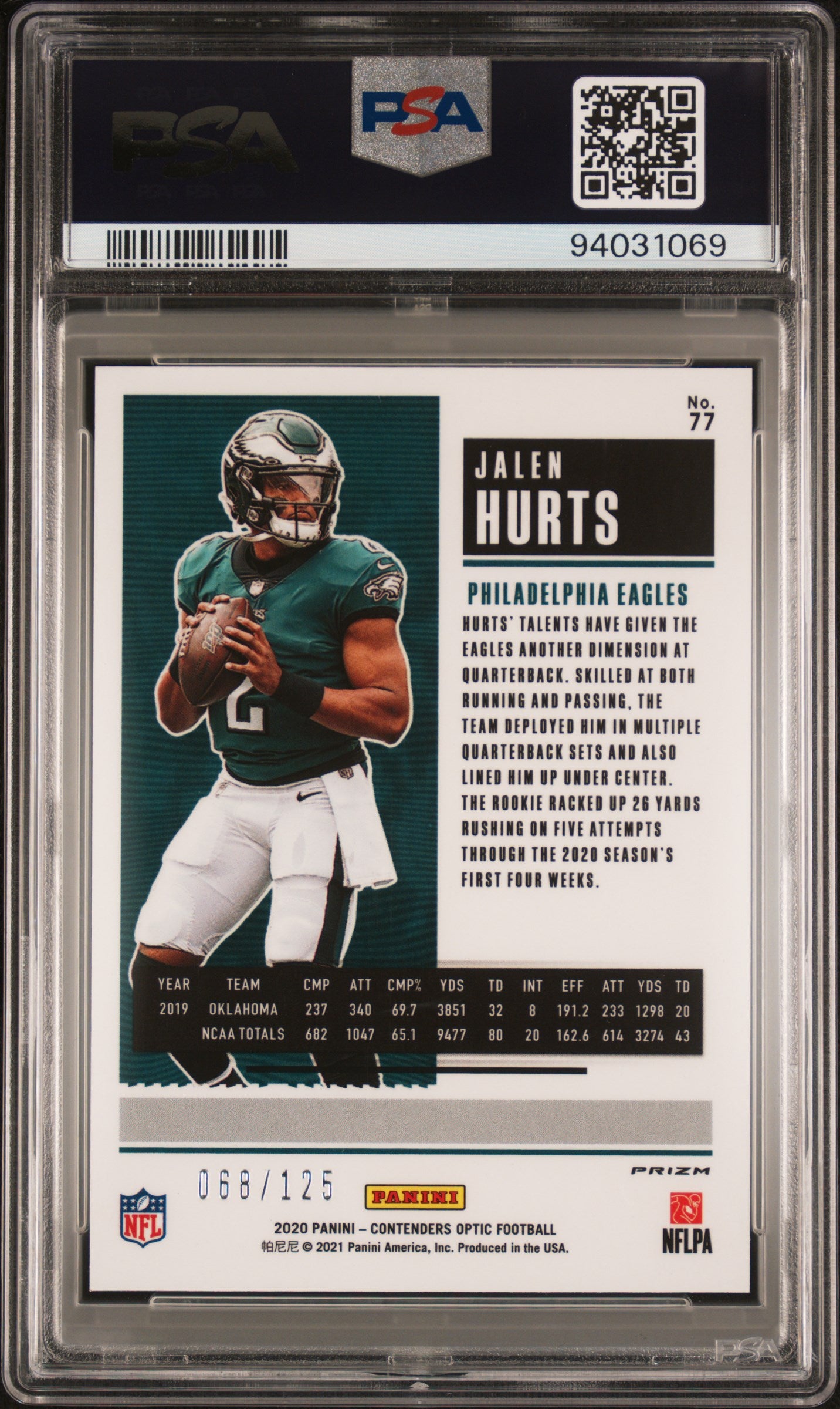 2020 Panini Contenders Optic Jalen Hurts Rookie Red 013/125 #77 PSA 9