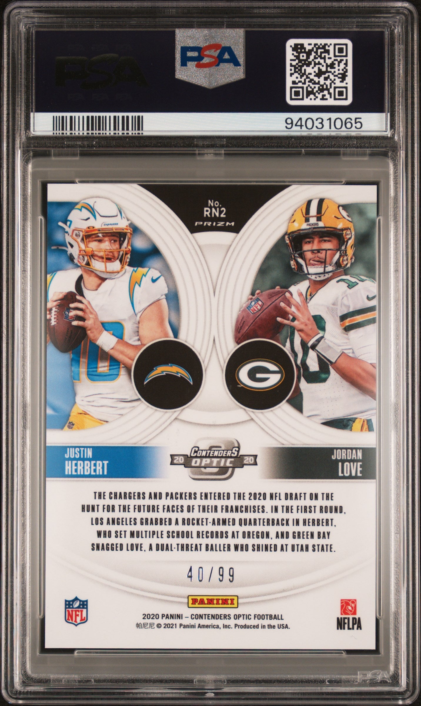 2020 Contenders Optic Justin Herbert Jordan Love Blue 40/99 #RN2 PSA 10