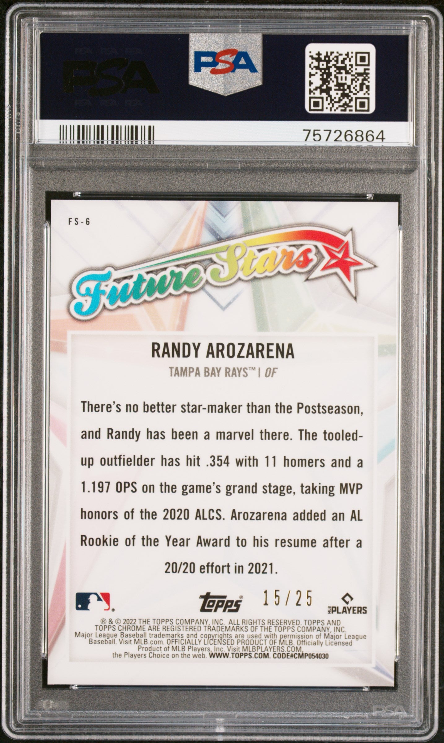 2022 Topps Chrome Randy Arozarena Future Stars Orange /25 #FS6 PSA 10