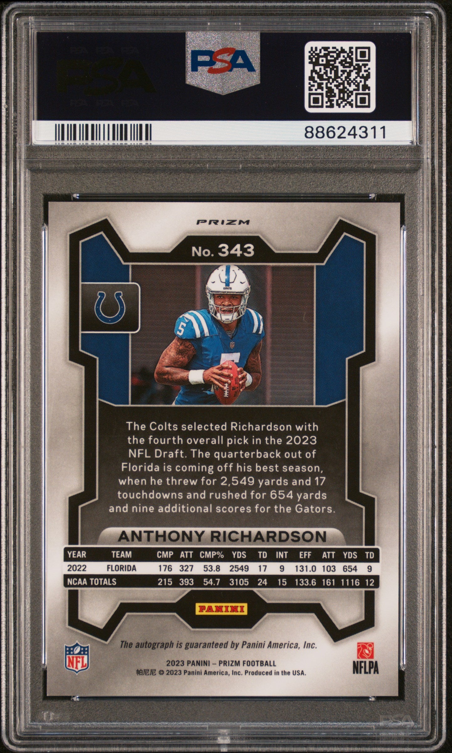 2023 Panini Prizm Anthony Richardson Silver Rookie RC Autograph #343 PSA 9