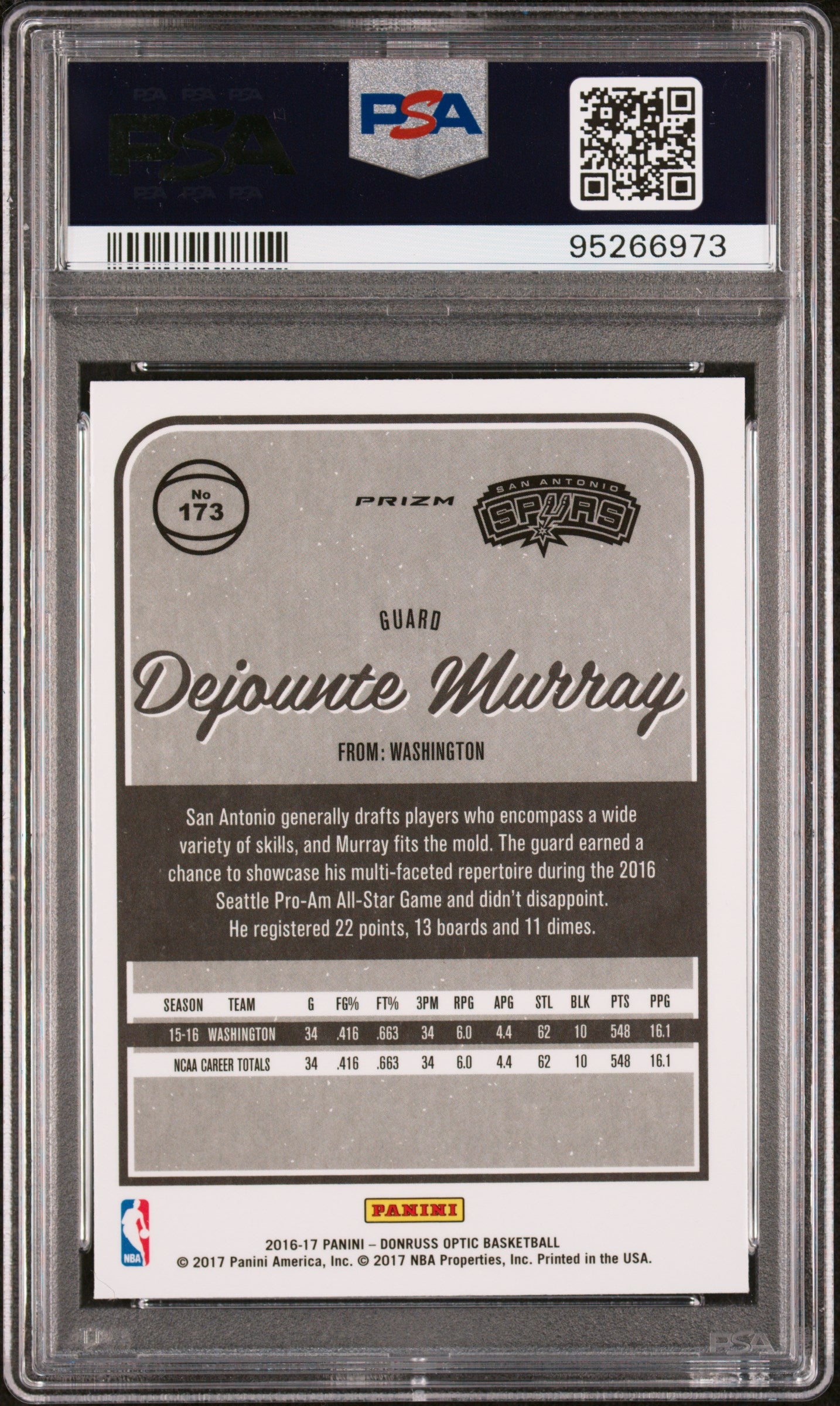 2016 Panini Donruss Optic Dejounte Murray Rookie Holo #173 PSA 10