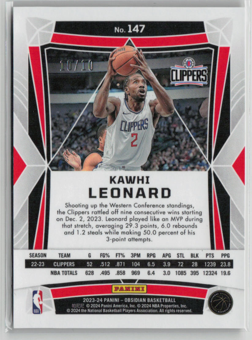 2023-24 Panini Obsidian Kawhi Leonard 10/10 Gold Flood #147