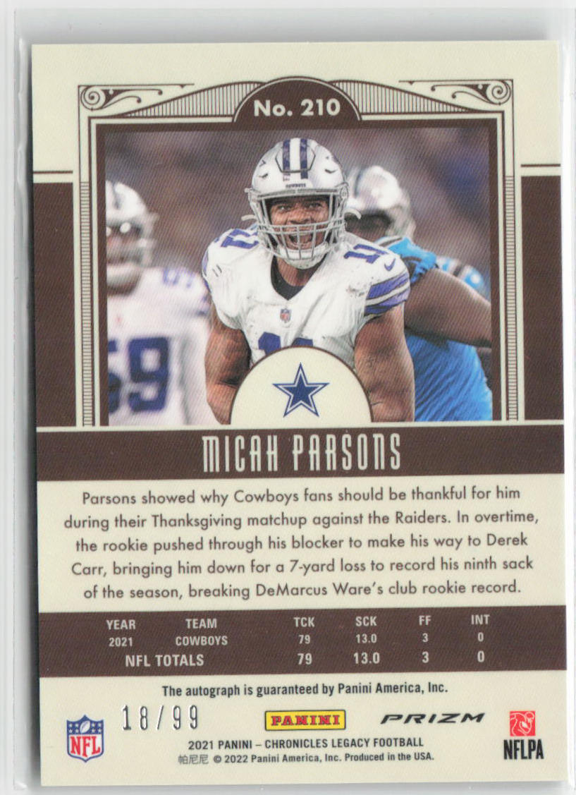 2021 Panini Chronicles Micah Parsons Rookie #18/99 Auto #No. 210