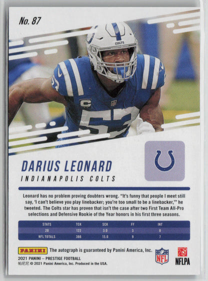 2021 Panini Prestige Darius Leonard Blue Ice Auto 08/10 Xtra Points #87