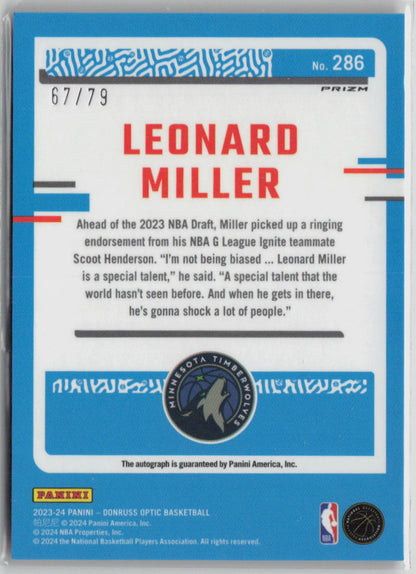 2023-24 Panini Donruss Optic Prizm Leonard Miller 67/79 Pink Velocity Auto #286