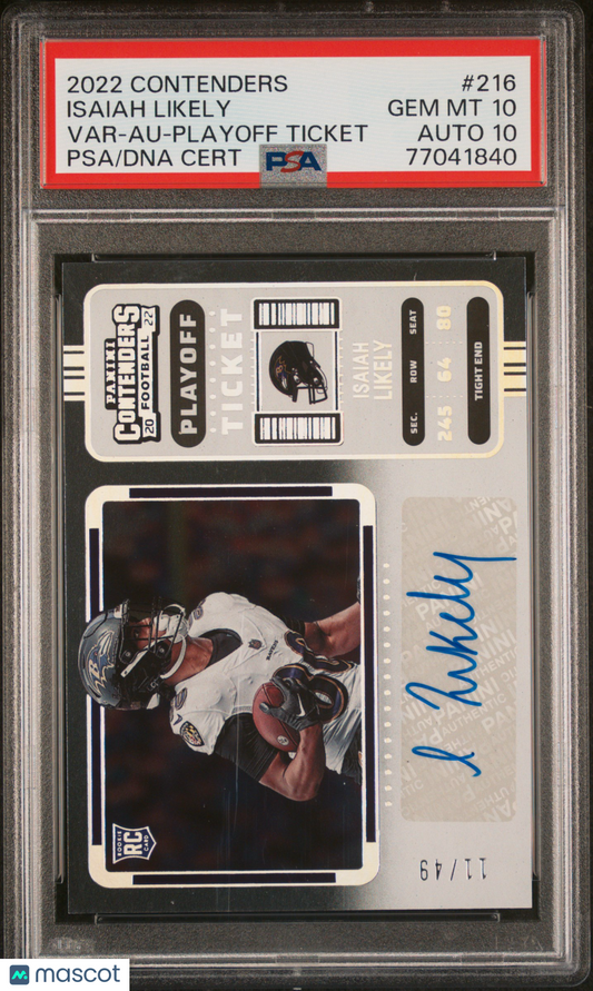 2022 Panini Contenders Isaiah Likely Rookie Auto 11/49 Playoff #216 PSA 10