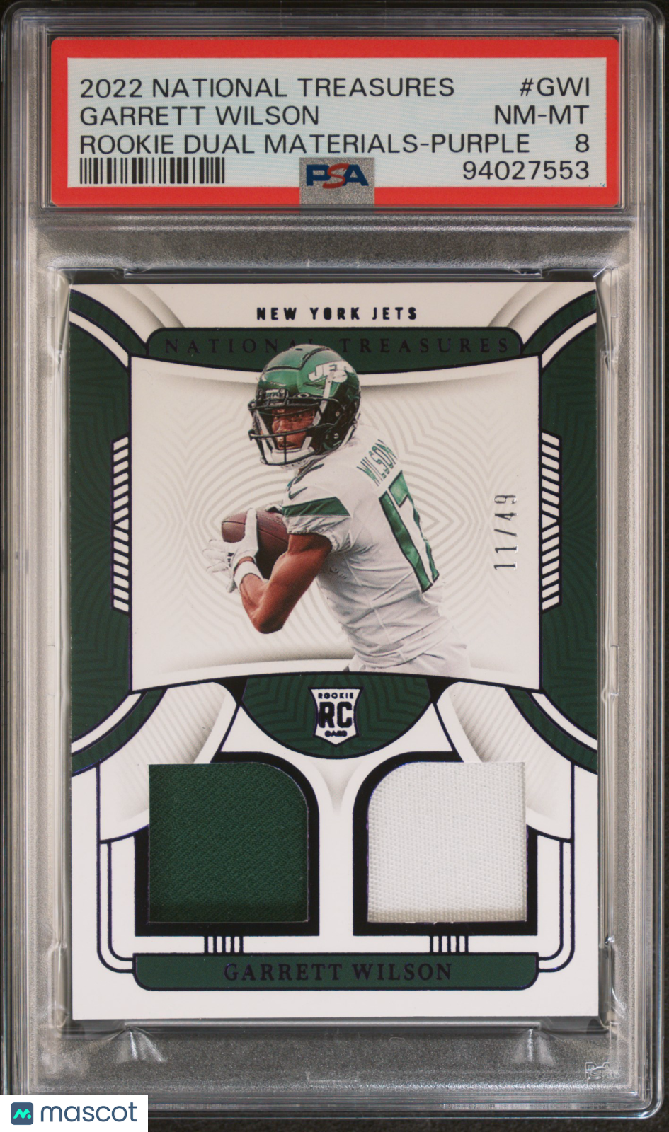 2022 National Treasures Garrett Wilson Rookie Dual Patch Purple 11/49 #GWI PSA 8