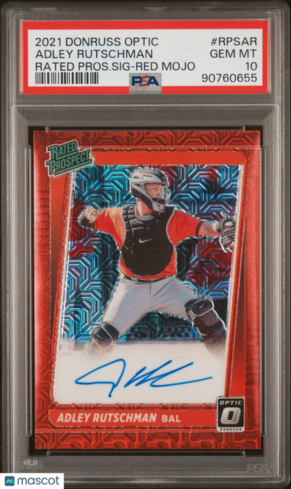 2021 Donruss Optic Rated Prospect Auto Adley Rutschman /99 Red Mojo RPSAR PSA 10