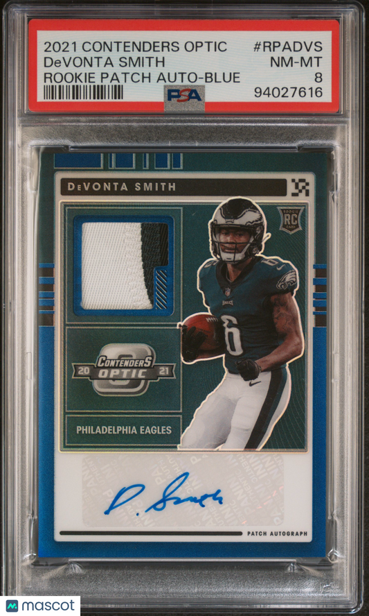 2021 Contenders Optic Devonta Smith Rookie Patch Auto Blue 23/25 #RPADVS PSA 8