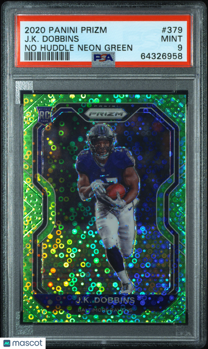 2020 Panini Prizm J.K. Dobbins Rookie RC No-Huddle Neon Green 4/5 #379 PSA 9