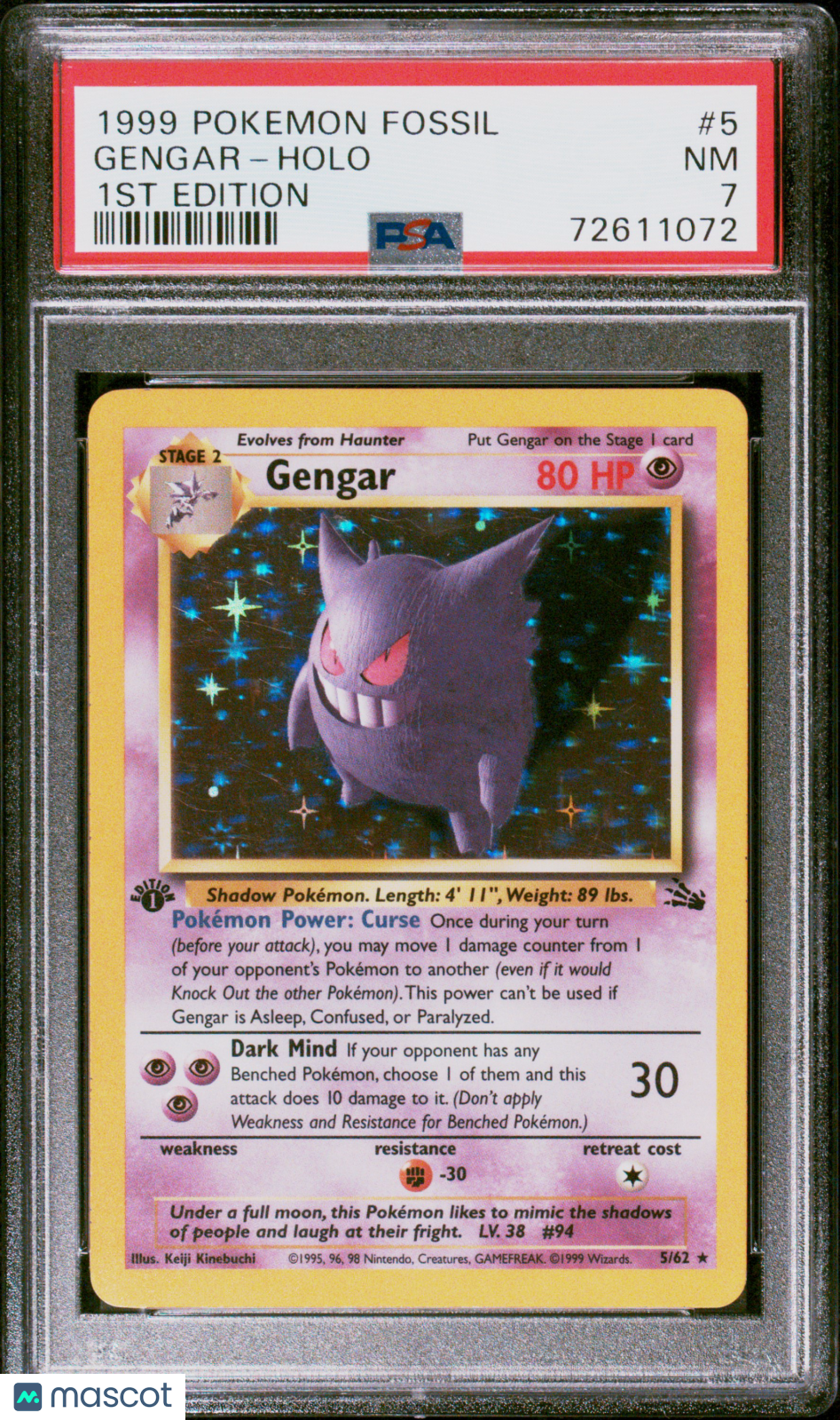 1999 Pokemon TCG Gengar Holo Fossil 1st Edition 5/62 PSA 7