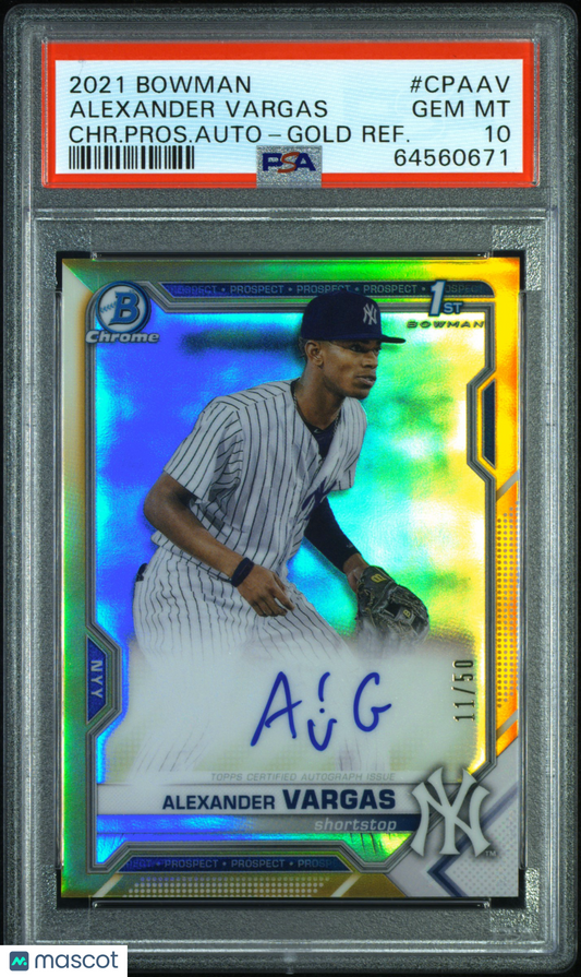 2021 Bowman Chrome Autographs Alexander Vargas CHR. Gold /50 #CPAAV PSA 10