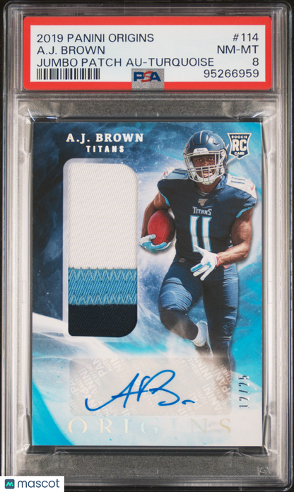 2019 Panini Origins A. J. Brown Rookie Patch Auto Turquoise 12/25 #114 PSA 8