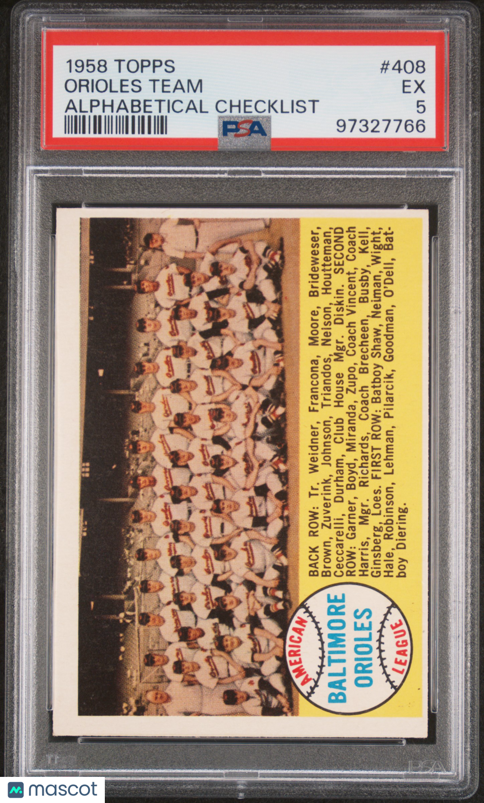 1958 Topps Orioles Team Alphabetical Checklist #408 PSA 5