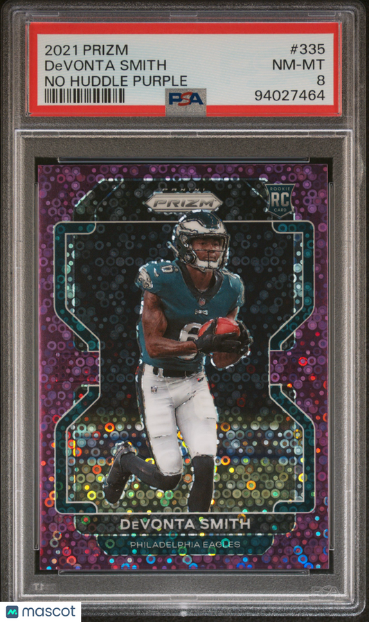 2021 Panini Prizm Devonta Smith Purple Disco Jersey Match 06/35 #335 PSA 8