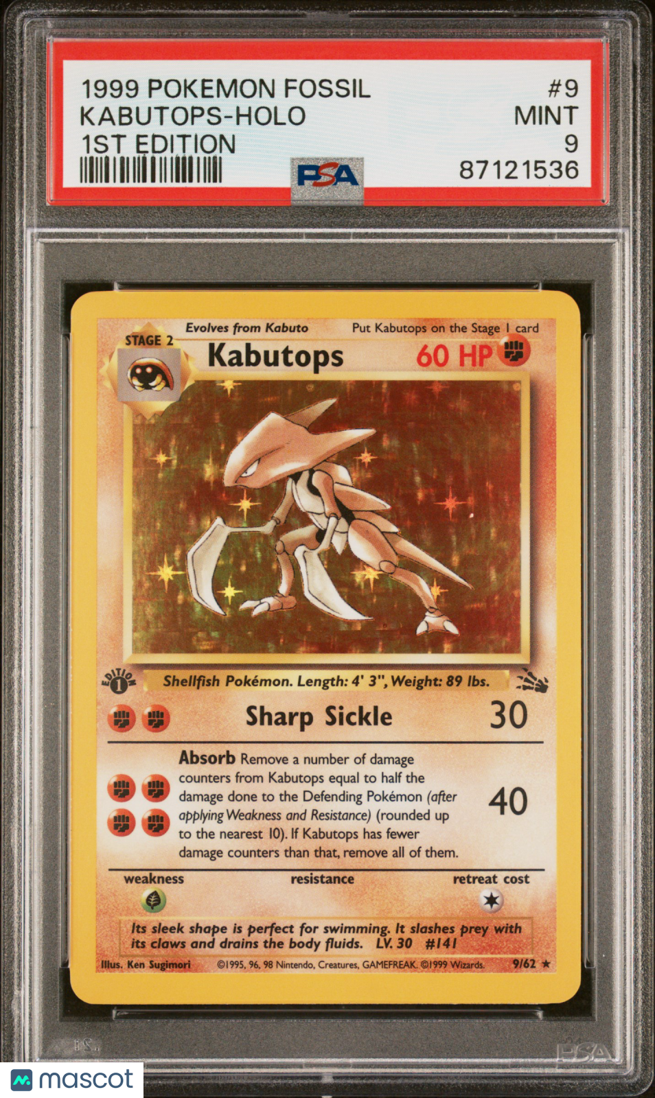 1999 Pokemon TCG Kabutops Holo Fossil 1st Edition 9/62 PSA 9