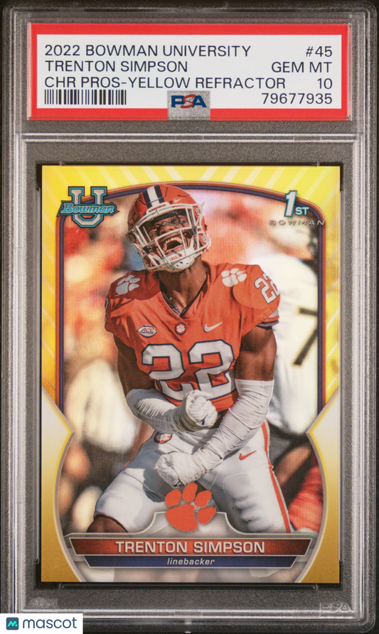 2022 Bowman University Trenton Simpson Yellow Refractor 08/75 #45 PSA 10