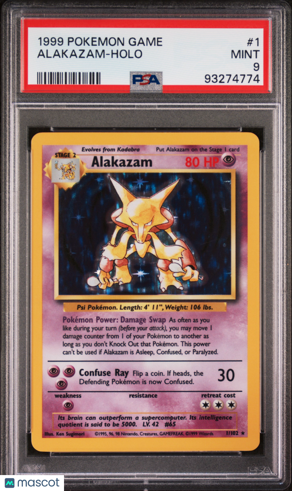 1999 Pokemon TCG Alakazam Holo Base Set 1/102 MINT PSA 9