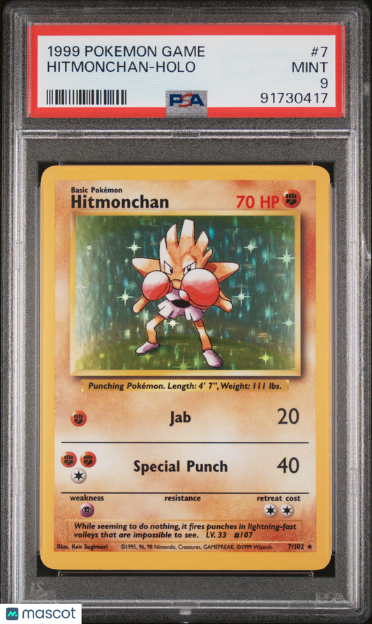 1999 Pokemon TCG Hitmonchan Holo Unlimited 7/102 PSA 9