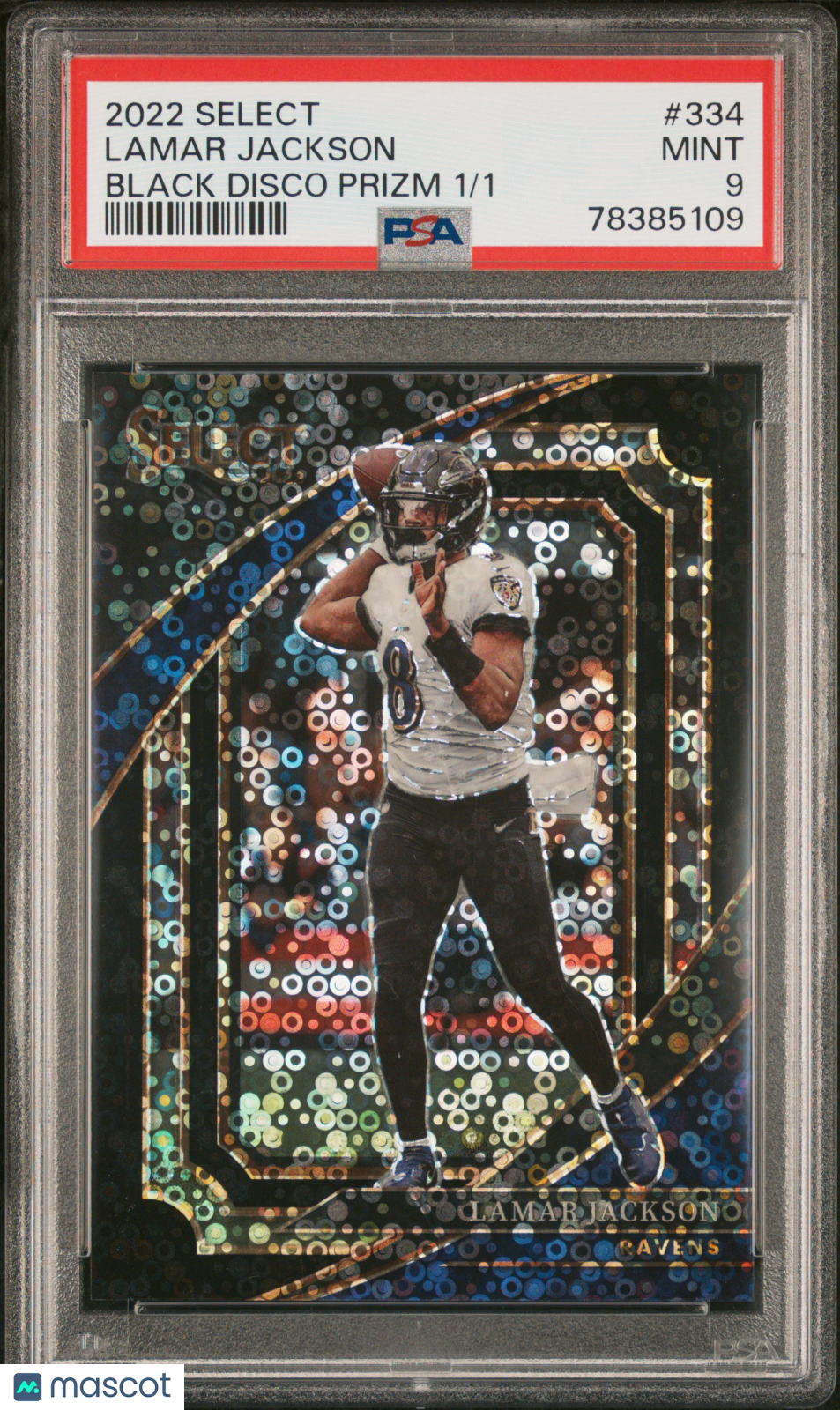 2022 Panini Select Lamar Jackson Suite Black Disco Prizm 1/1 #334 PSA 9