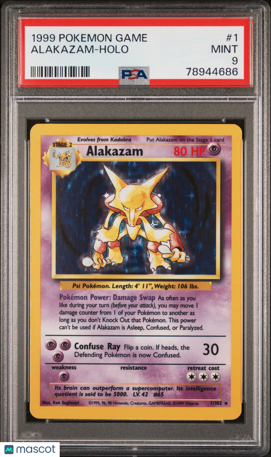 1999 Pokemon TCG Alakazam Holo Base Set 1/102 MINT PSA 9