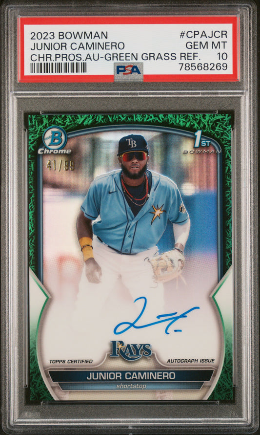 2023 Bowman Chrome Junior Caminero Auto Green Grass /99 #CPAJCR PSA 10